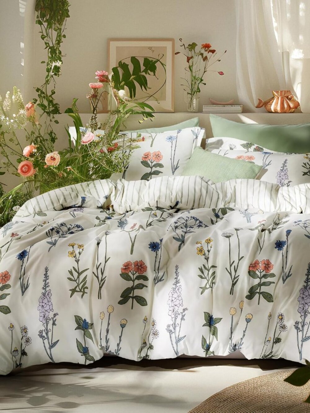 Floral Queen Comforter Set White Comforter, Reversible 3-Piece Bedding Set, Co